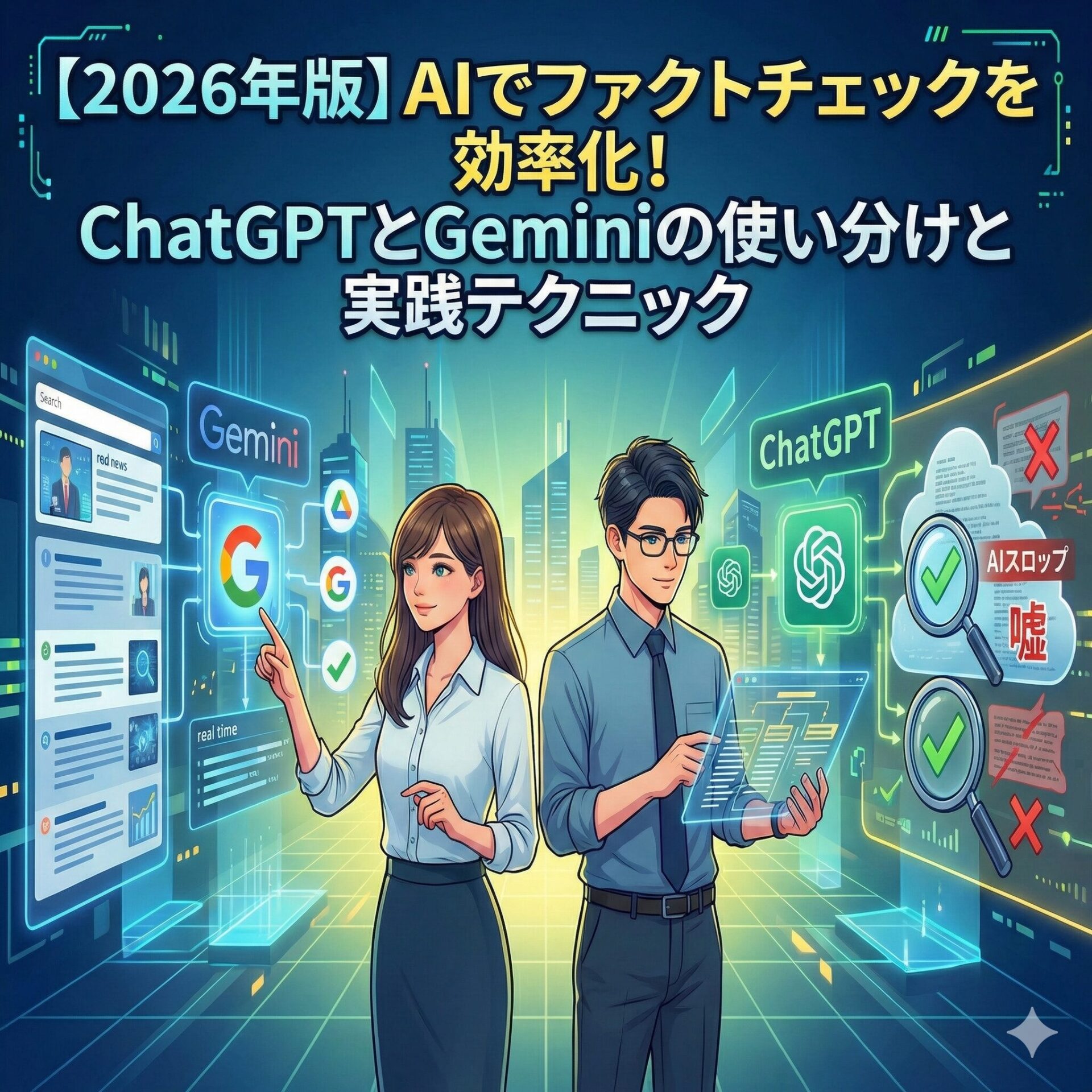 【2026年版】AIでファクトチェックを効率化！ChatGPTとGeminiの使い分けと実践テクニックサムネイル画像