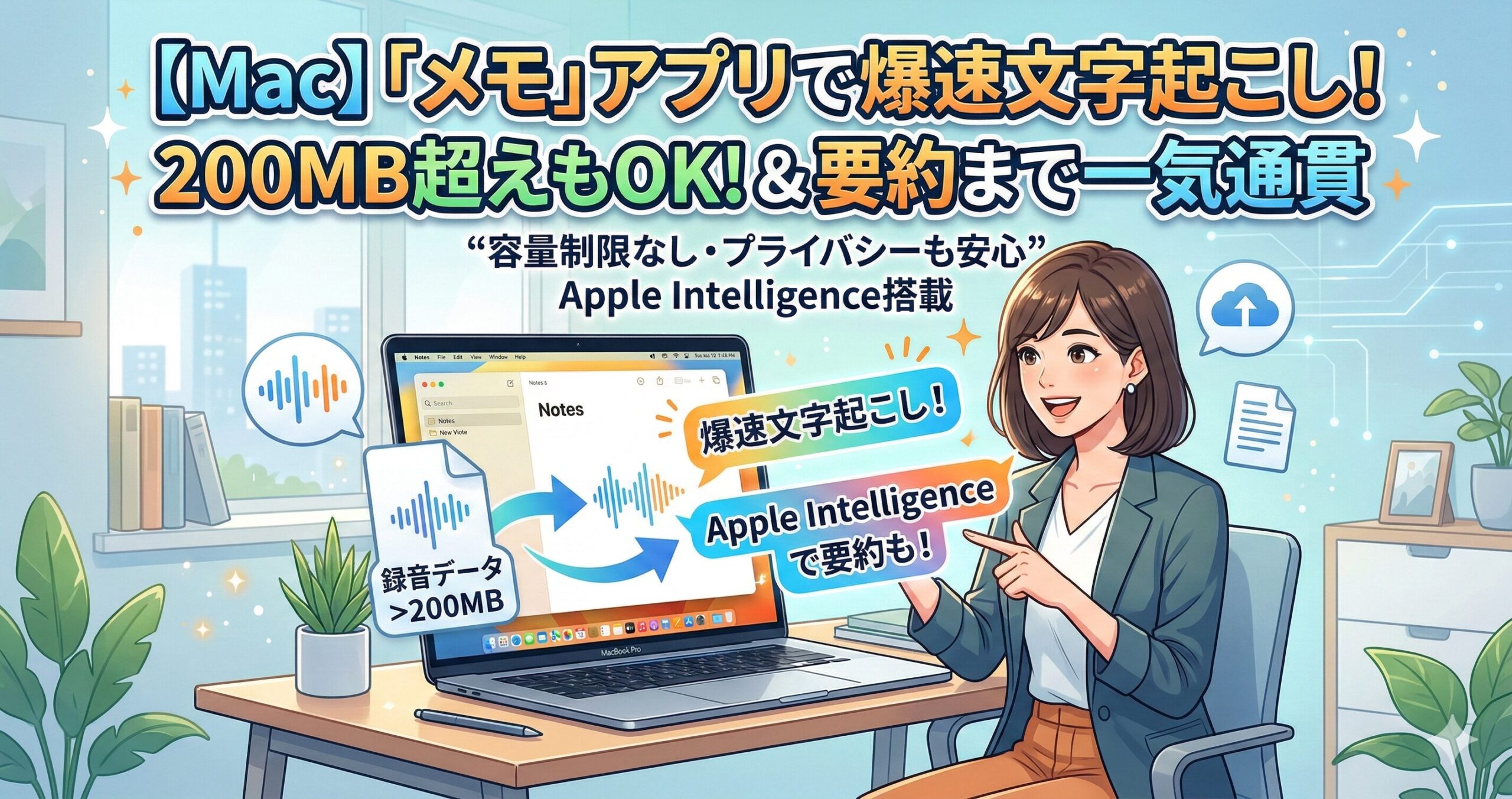 【NotebookLM✖️Mac】200MB超えもOK！録音データを「メモ」アプリで爆速文字起こしする方法サムネイル画像