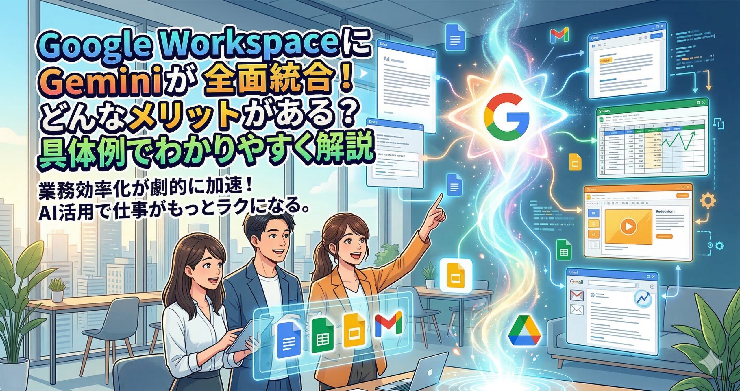 Google WorkspaceにGeminiが全面統合！どんなメリットがある？具体例でわかりやすく解説サムネイル画像