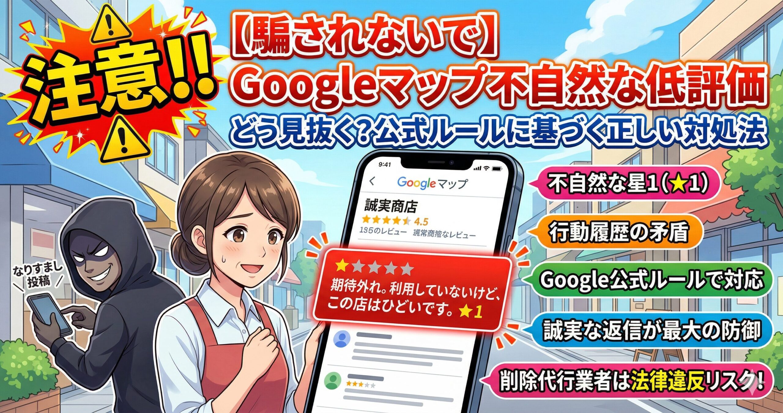 【騙されないで】Googleマップの不自然な低評価、どう見抜く？公式ルールに基づく正しい対処法サムネイル画像