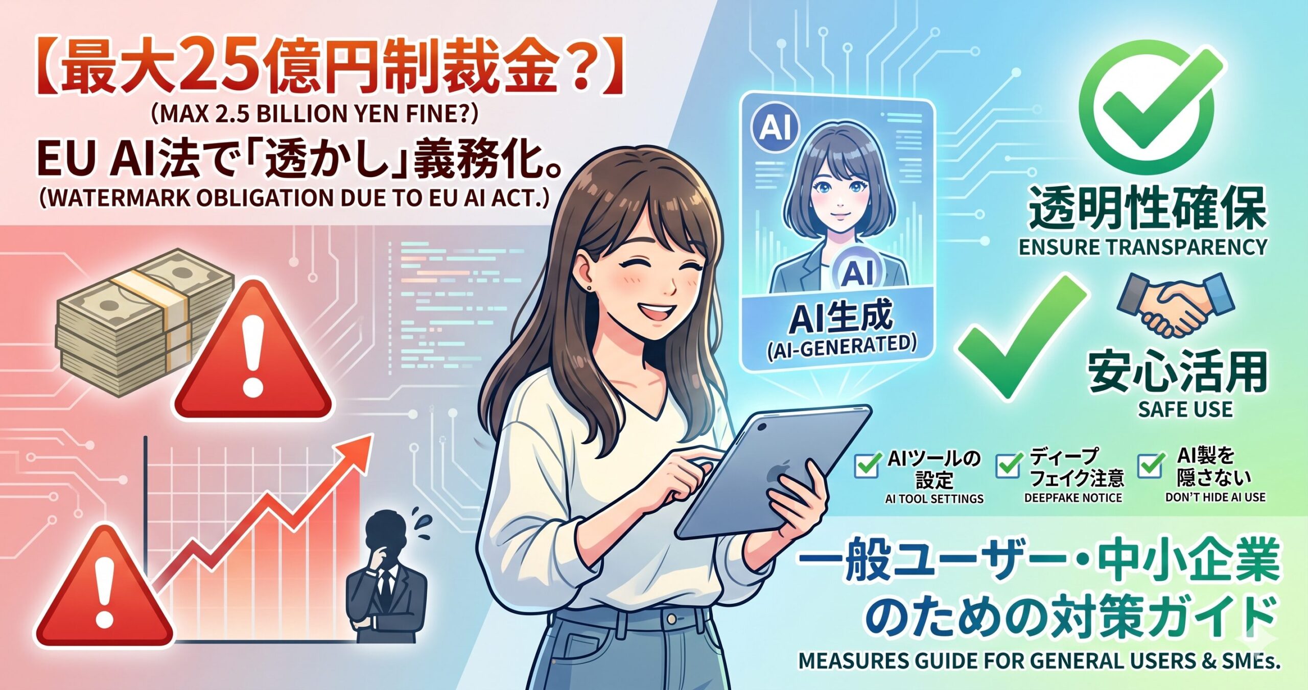 【最大25億円の制裁金？】EU AI法が変える画像・動画の「透かし」義務。一般ユーザー・中小企業ができる対策ガイドサムネイル画像