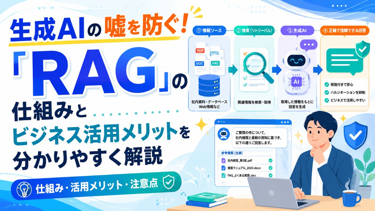 生成AIの嘘を防ぐ！「RAG」の仕組みとビジネス活用メリットを分かりやすく解説サムネイル画像