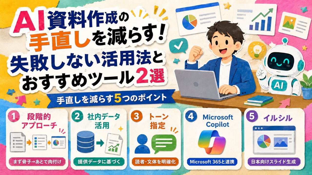 AI資料作成の手直しを減らす！失敗しない活用法とおすすめツール2選サムネイル画像