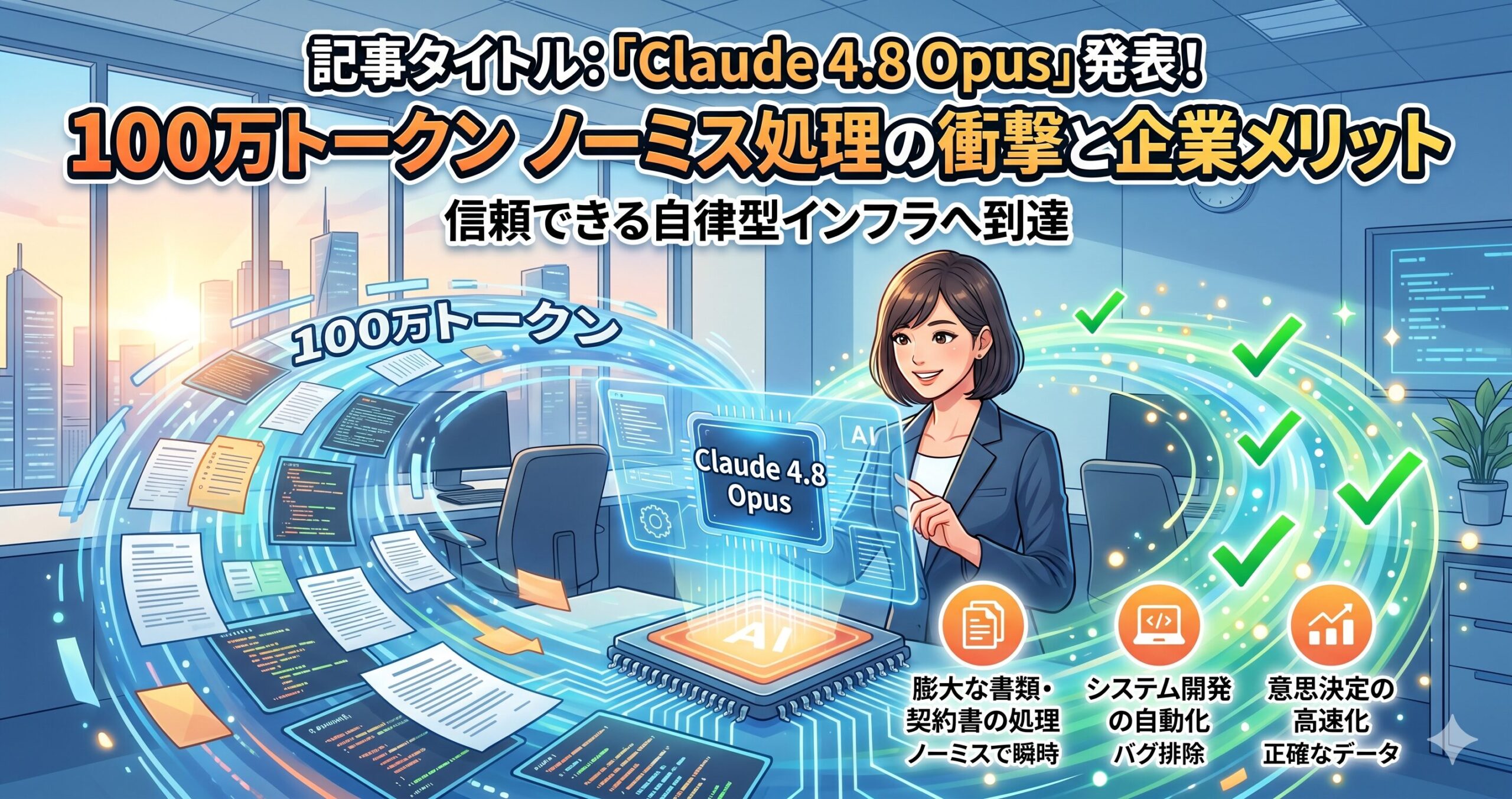 Anthropicが「Claude 4.8 Opus」を発表！100万トークンの長文をノーミスで処理する衝撃と企業活動へのメリットサムネイル画像