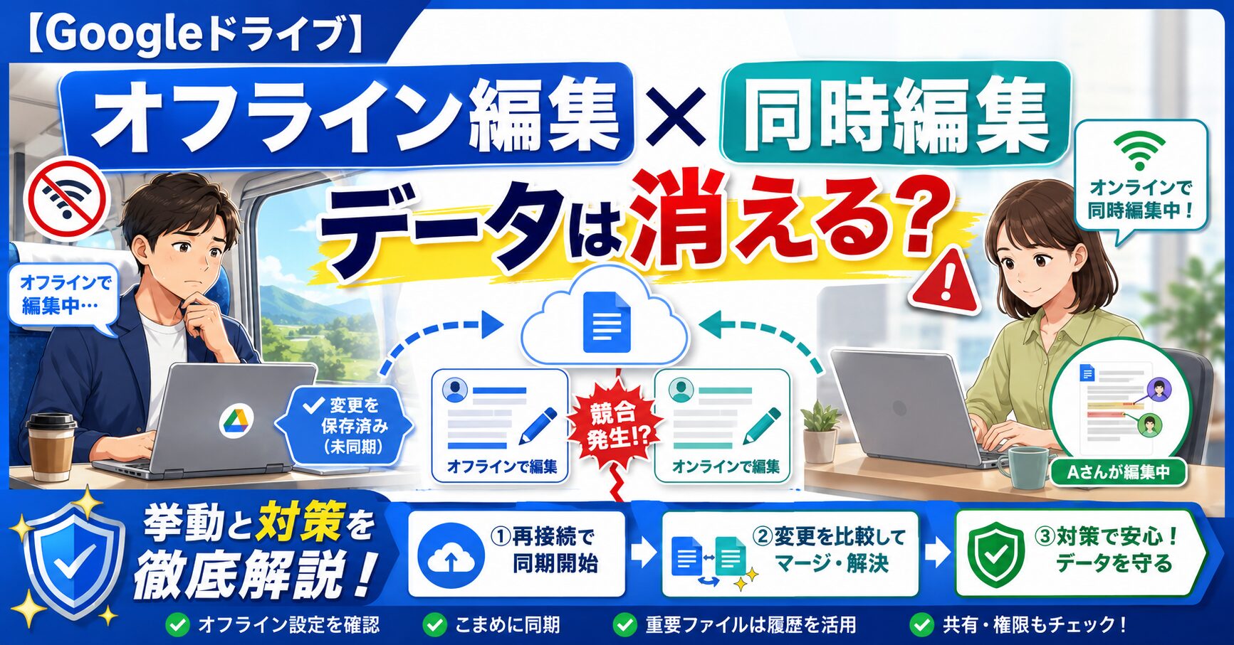 【Googleドライブ】オフライン編集と同時編集が重なるとデータは消える？挙動と対策を徹底解説！サムネイル画像