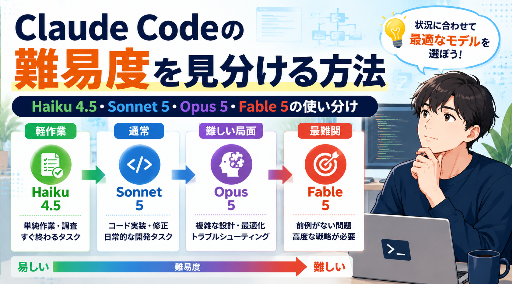 Claude Codeの難易度を見分ける方法：Haiku 4.5・Sonnet 5・Opus 5・Fable 5の使い分けサムネイル画像