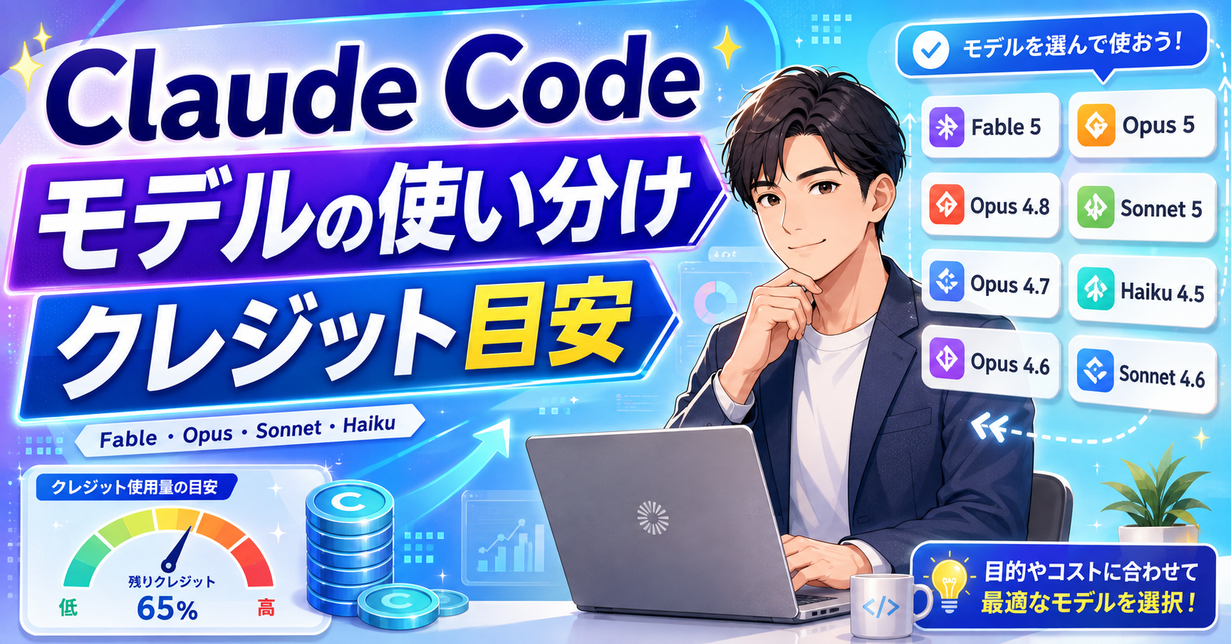 Claude Codeのモデルはどう使い分ける？Fable・Opus・Sonnet・Haikuとクレジットの目安サムネイル画像