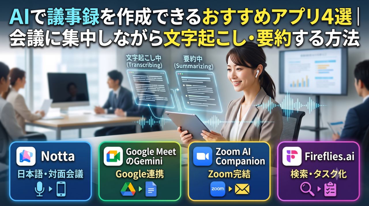 AIで議事録を作成できるおすすめアプリ4選｜会議に集中しながら文字起こし・要約する方法サムネイル画像