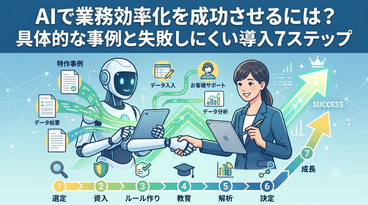 AIで業務効率化を成功させるには？具体的な事例と失敗しにくい導入7ステップサムネイル画像